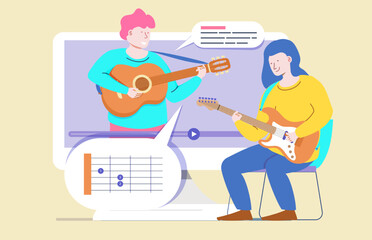 Online guitar course. Music lesson concept, distance learning from home. Online study, education. Cartoon people vector illustration. 10 eps