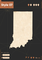 Indiana, USA - map in vintage style, retro style, sepia, vintage. Vector map.