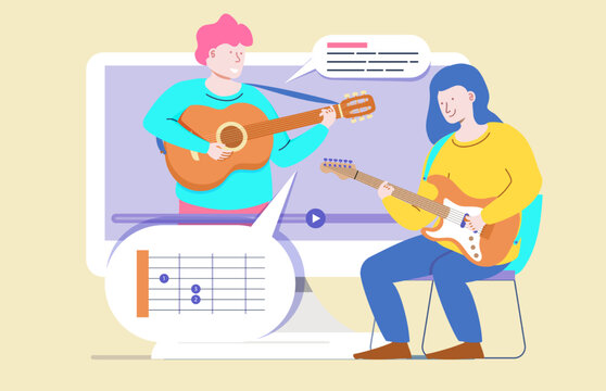 Online guitar course. Music lesson concept, distance learning from home. Online study, education. Cartoon people vector illustration. 10 eps