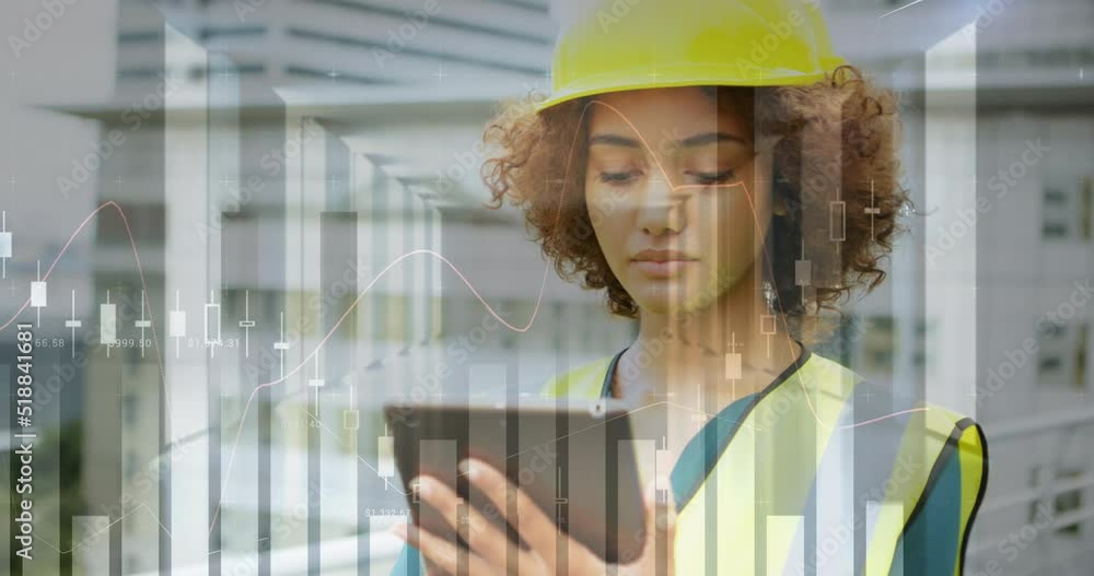 Poster animation of statistical data processing over biracial female architect using digital tablet