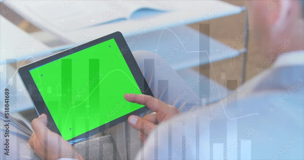 Poster animation of statistical data processing over caucasian man using digital tablet with copy space