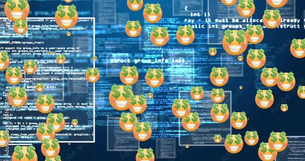 Poster digital animation of multiple dollar eyes face emojis over data processing against blue background