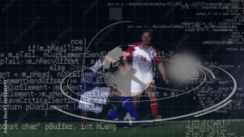 Aufkleber animation of data processing over diverse football players and scope scanning