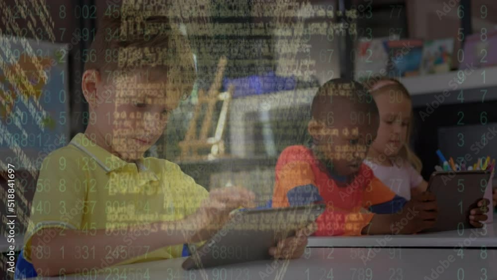 Poster animation of data processing over caucasian boy using digital tablet in the class at school