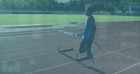 Interface with data processing against african american male athlete with prosthetic leg stretching - Powered by Adobe