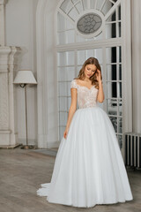 The beautiful woman posing in a wedding dress. Young beautiful happy bride wearing white wedding...