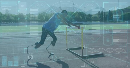 Interface with data processing against african american male athlete with prosthetic leg stretching - Powered by Adobe