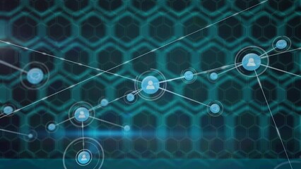 Animation of network of profile icons over hexagonal shape pattern design on black background - Powered by Adobe