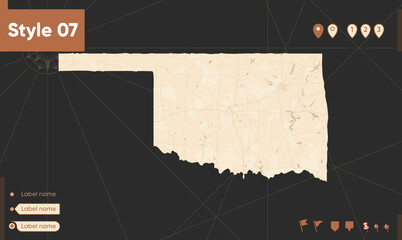 Oklahoma, USA - map in vintage style, retro style, sepia, vintage. Vector map.