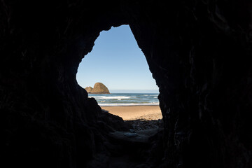 Secret beach on the Oregon coast. View and exit from the cave