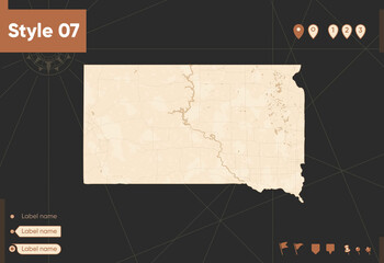 South Dakota, USA - map in vintage style, retro style, sepia, vintage. Vector map.