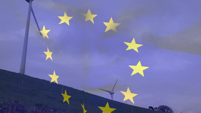 Animation of flag of erupean union over wind turbine