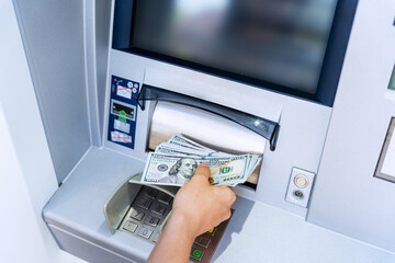 Atm machine screen. Holding american bill cash. Woman withdraw money usd hundred dollar. Money stack, bank credit card.