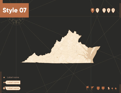 Virginia, USA - Map In Vintage Style, Retro Style, Sepia, Vintage. Vector Map.