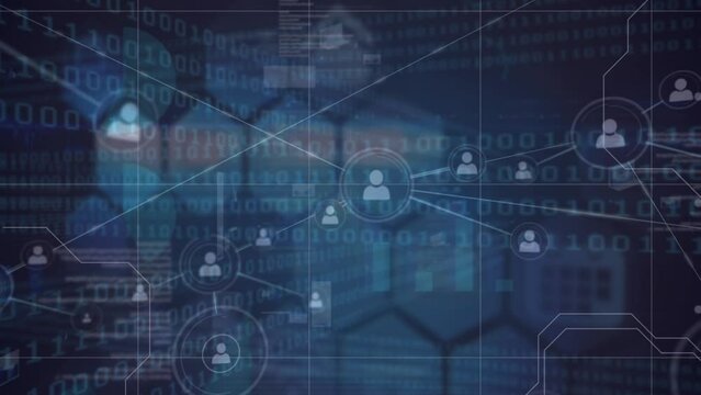 Animation of network of connections and binary code over navy background