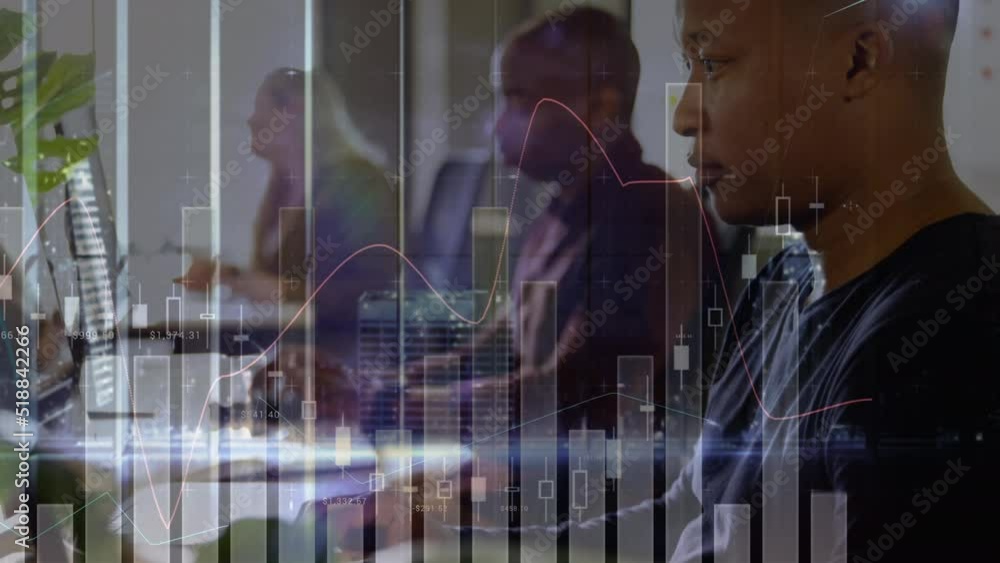 Poster animation of graphs over diverse coworkers using computers in office
