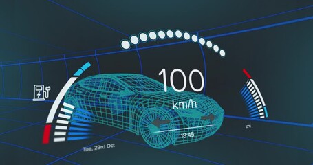 Animation of speedometer data processing over 3d car drawing in background - Powered by Adobe