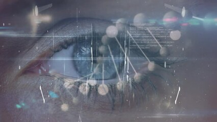 Animation of dna and data processing over eye of caucasian woman - Powered by Adobe