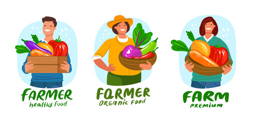 Agriculture and farming emblem. Vector illustration of farm worker with vegetables. Drawing for label, cover or poster