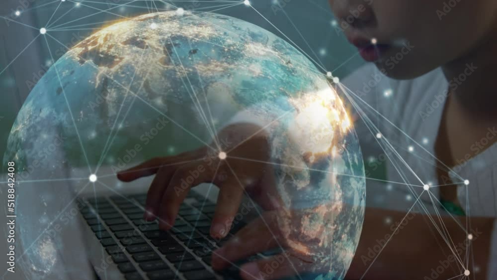 Poster animation of connections and globe over asian girl using computer