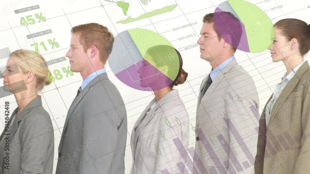 Aufkleber animation of statistics and data processing over diverse business people standing in row