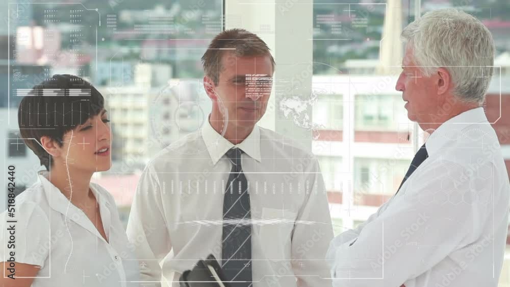 Aufkleber animation of statistics and data processing over diverse business people talking