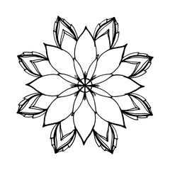 a hand-drawn mandala. Mandala round floral, stylized symmetrical pattern of petals with a black line on white for decoration. isolated ethnic for your design template