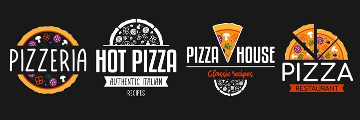 Pizza logo template. Collection labels for menu design restaurant or pizzeria. Vector emblem for fast food, food delivery service or cafe.