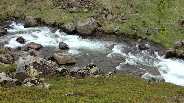 Fantastic landscape with flowing rivers and streams with rocks and grass in Iceland.