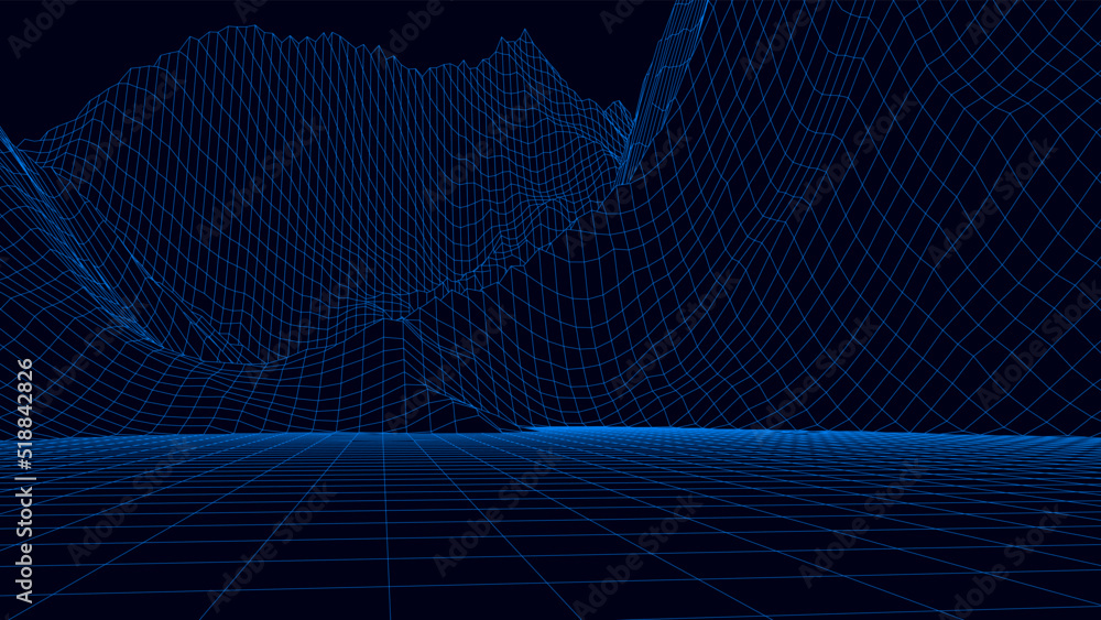 Poster abstract digital neon grid landscape background. futuristic retro mountains backdrop. big data visua