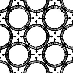 a pattern of circles in geometric order with lines strokes abstract seamless pattern. black and white textured lines for vintage design template, white isolated strokes on black