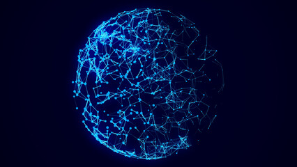 Abstract lines connection in the shape of Earth. Mesh sphere with flying blue debris. Global digital futuristic technology of network. 3d rendering.