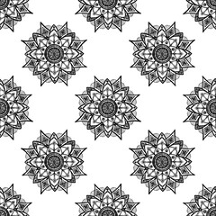 vector SEAMLESS geometric mandala PATTERN with isolated black lines on white . Geometric pattern of intersecting mandalas for the design template module frame on a white background for print design