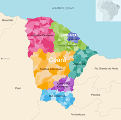 Brazil state Ceara administrative map showing municipalities colored by state regions (mesoregions)