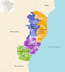 Brazil state Espirito Santo administrative map showing municipalities colored by state regions (mesoregions)