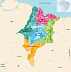 Brazil state Maranhao administrative map showing municipalities colored by state regions (mesoregions)