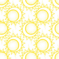 The pattern of the Eclipse is a yellow outline on white. the moon and the sun are connected, hand-drawn in the style of a sketch of a night texture for a design template white