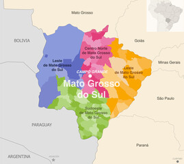 Fototapeta na wymiar Brazil state Mato Grosso de Sul administrative map showing municipalities colored by state regions (mesoregions)