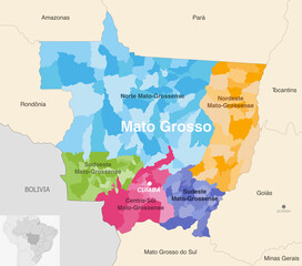 Brazil state Mato Grosso administrative map showing municipalities colored by state regions (mesoregions)