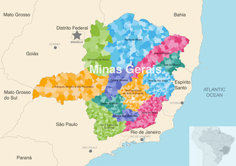 Brazil state Minas Gerais administrative map showing municipalities colored by state regions (mesoregions)