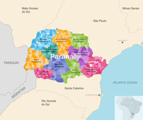 Brazil state Parana administrative map showing municipalities colored by state regions (mesoregions) - obrazy, fototapety, plakaty