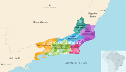 Brazil state Rio de Janeiro administrative map showing municipalities colored by state regions (mesoregions)