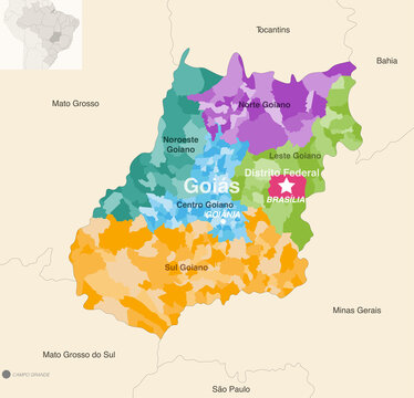 Brazil states Goias and Distrito Federal administrative map showing municipalities colored by state regions (mesoregions)