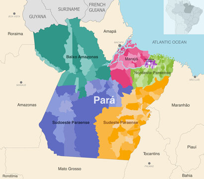 Brazil state Para administrative map showing municipalities colored by state regions (mesoregions)