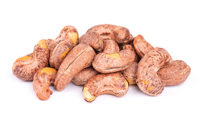 Cashew nuts in shell isolated on white background. Roasted and salted cashew nuts.