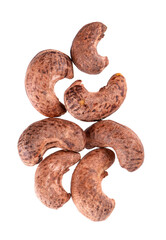 Cashew nuts in shell isolated on white background. Roasted and salted cashew nuts. Top view.