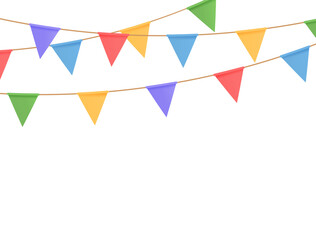 Flag triangle garland card. Happy Holiday carnival. Birthday party decor. Welcome bunting background. Fair fest event. Festive celebration banner. Anniversary invitation. Surprise. Vector illustration