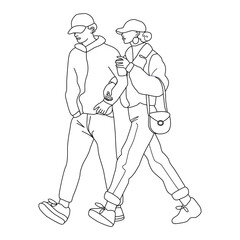 Walking couple in simple linear style. Colouring page. Man and woman walking together arm in arm. Casual trendy fashion out wear. 