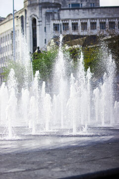 Fountains In Manchester Piccadilly Gardens On A Bright Sunny Day