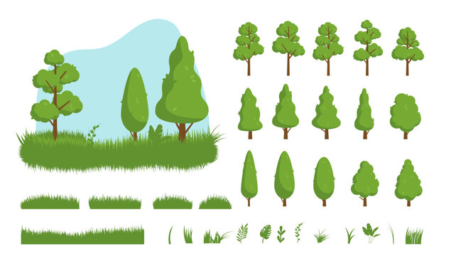 Vector trees and nature graphic elements - Flat design tree grass and plants